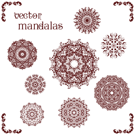 Set of ethnic ornamental floral pattern. Henna mehndi design elements. Hand drawn mandalas. Orient traditional background. Lace circular ornaments.  Ethnic, Indian, Islamic, Asian, ottoman, Arabic  motifs.のイラスト素材