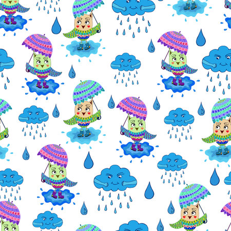 Cartoon owl with umbrella and rain cloud seamless patternのイラスト素材