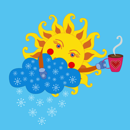 Funny cartoon sun is in mittens with coffee cup. Snow cloud is with falling snowflakes.のイラスト素材