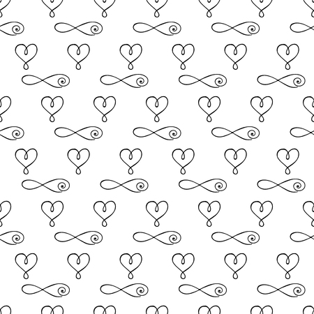 Bohemian seamless pattern. Monochrome background with hearts and signs of infinity in boho style. Valentines day wallpaper.のイラスト素材