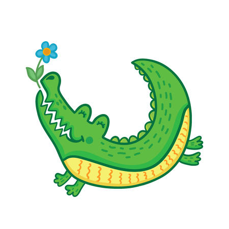 Hand drawn cute crocodile with flower. Color cartoon isolated illustration for kids. Sketch vector character.のイラスト素材