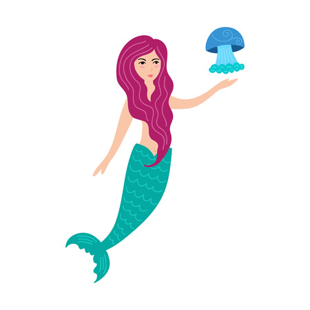 Hand drawn cute little mermaid girl with jellyfish. Color cartoon isolated illustration for kids print, t-shirt, book, textile, room poster, greeting card. Flat vector character.のイラスト素材