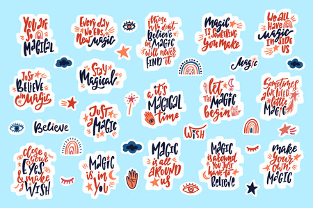 Set of hand drawn cute stickers with inspirational lettering quotes.のイラスト素材