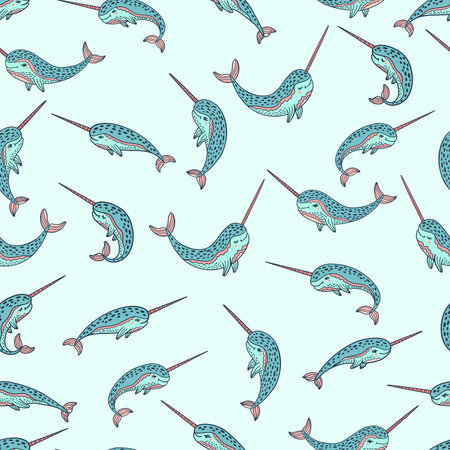 Seamless pattern with narwhals. Colorful nursery background.のイラスト素材