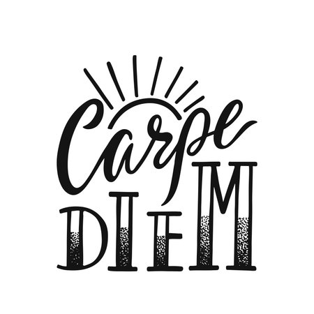Carpe Diem - latin phrase means Seize The Day. Hand drawn inspirational vector quote for prints, posters, t-shirts. Illustration isolated on white background.のイラスト素材