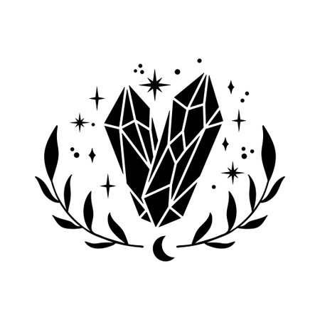 Diamond crystals with crescent moon, stars and floral branches. Boho graphic tattoo design. Mystical vector illustration isolated on white background.のイラスト素材