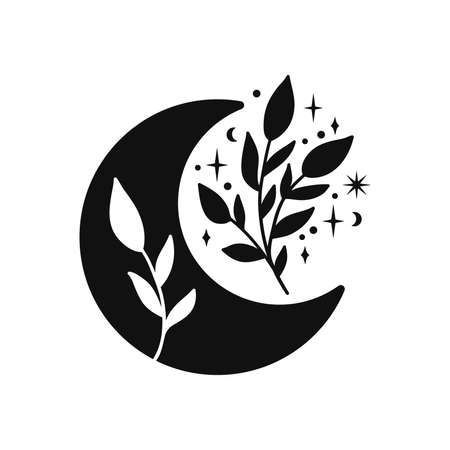 Hand drawn crescent moon with floral branches. Lunar phases spiritual design. Celestial vector illustration isolated on white background. Esoteric tattoo in boho style. Sacred geometry clipart.のイラスト素材