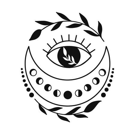 Hand drawn crescent moon with branch and third eye. Lunar phases spiritual design. Celestial vector illustration isolated. Esoteric tattoo in boho style. Sacred geometry clipart.のイラスト素材