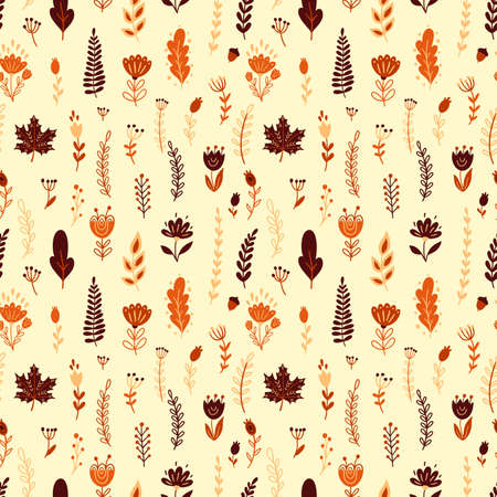 Seamless pattern with autumn floral elements. Hand drawn outline marine elementsのイラスト素材