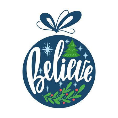 Round Christmas Ornament with hand drawn lettering text. Holiday decoration. Vector illustration isolated.のイラスト素材