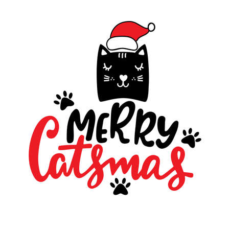 Merry Catsmas lettering vector illustration. Christmas calligraphy text with cat face.のイラスト素材