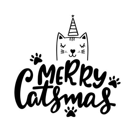 Merry Catsmas lettering vector illustration. Christmas calligraphy text with cat face.のイラスト素材