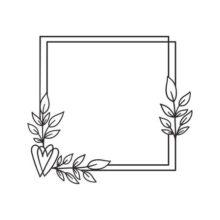 Hand drawn floral wreath with heart and leaves. Square botanical frame for monogram, invitation, postcard, and more. Vintage ornament vector illustration isolated on white background.のイラスト素材