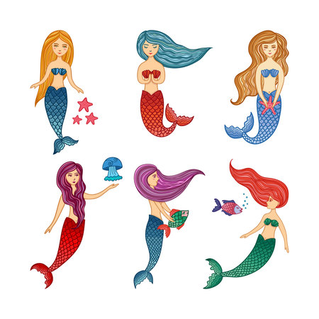 Set of cute cartoon mermaids. Vector illustration isolated.のイラスト素材