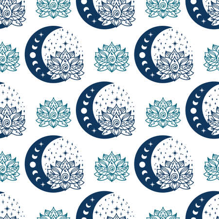 Lotus and crescent moon seamless pattern. Sacred Geometry background. Tattoo, yoga logo, Buddhism design, print, poster, t-shirt, textile. Repeat vector illustration.のイラスト素材