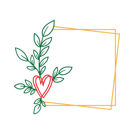 Hand drawn floral wreath with heart and leaves. Square botanical frame for monogram, wedding logo, invitation, postcard, and more. Vintage ornament vector illustration isolated on white background.のイラスト素材