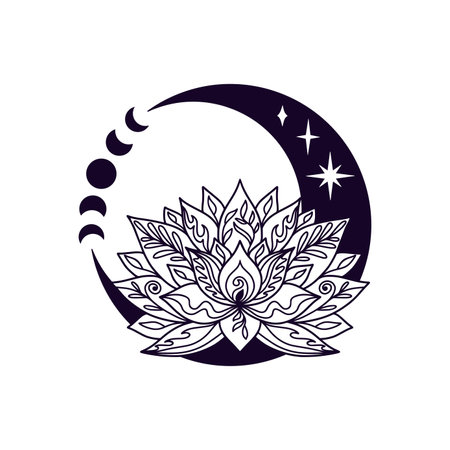 Crescent moon and lotus flower mystial symbol with moon phases. Lunar celestial tattoo design. Occult graphic vector illustration isolated.のイラスト素材