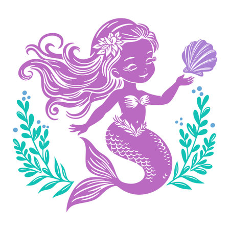 Colorful mermaid illustration with flowing hair, holding a seashell, surrounded by aquatic plantsのイラスト素材