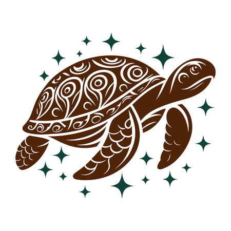 Tribal sea turtle with decorative shell and stars on white background. Vector illustration.のイラスト素材