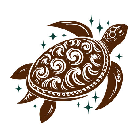 Tribal sea turtle with decorative shell and stars in boho ornamental style. Vector illustration.のイラスト素材