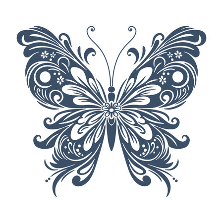 Exquisite symmetrical butterfly with floral decorative wings silhouette in vector illustration.のイラスト素材
