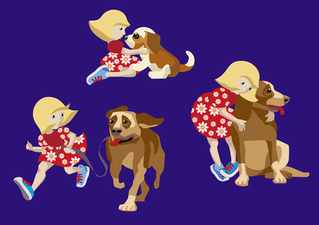 Happy little girl playing with big dogのイラスト素材