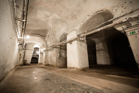 an old abandoned limestone mine corridors, poor light