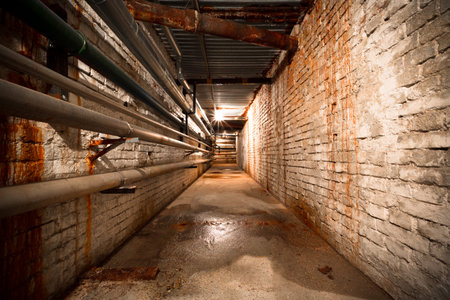 a factory building basement corridor, there is little light