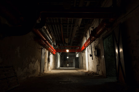 inside an old industrial building, basement with little light