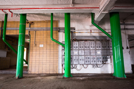 inside an old industrial building, electrical cabinets on the wall