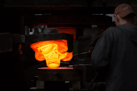 a glowing iron ingot into the press