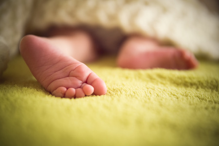 newborn baby sleeping on a green blanketの写真素材