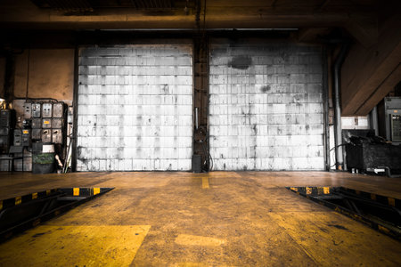 the dirty oily door of the bus garageの写真素材