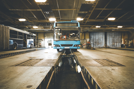 the dirty oily bus garage inspection pitのeditorial素材