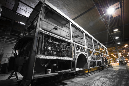a bus frame structure during the renovation of the repair shopのeditorial素材