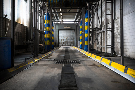 The interior of an old dirty bus wash buildingのeditorial素材