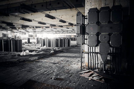 industrial interior of an abandoned factory buildingの写真素材