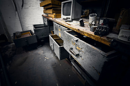Old, dirty office furniture in an abandoned factory
