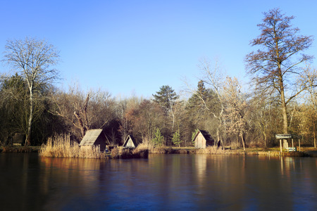 Winter landscape with a small lake, color effectの写真素材