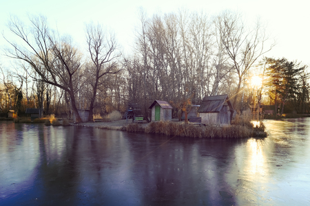 Winter landscape with a small lake, color effectの写真素材