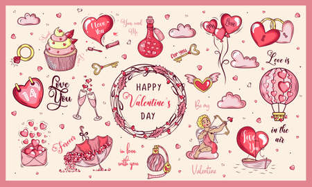Big set of romantic elements for Valentine's day. Vector illustrations for valentines day, stickers, greeting cards, etc.のイラスト素材