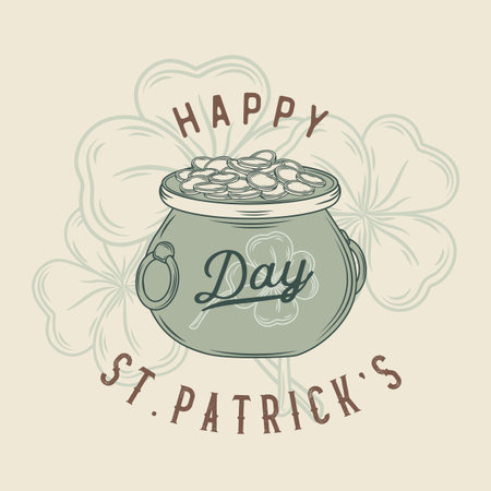 Saint Patricks Day Card with Treasure of Leprechaun, Pot Full of Golden Coins.のイラスト素材