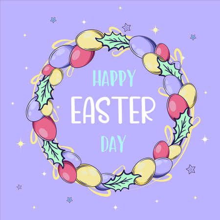 Happy Easter greeting card. Vector illustration with colorful wreath of eggs . Isolated on purple background.のイラスト素材