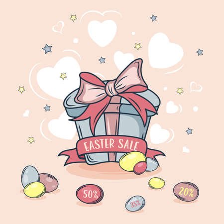 Happy Easter sale banner with surprise gift box with colorful eggs. Sale, Party, Shopping poster. Easter Sunday design bannerのイラスト素材