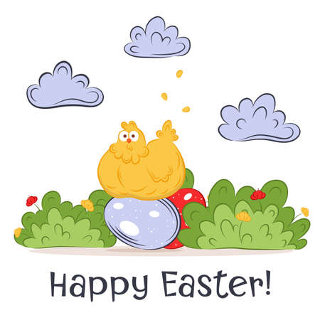 Happy Easter banner, poster, greeting card. Trendy Easter design with typography, chicken, flowers, eggs in pastel colors. Modern minimal styleのイラスト素材