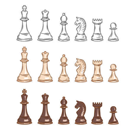 Black and white chess game pieces, figures. Logical tactical turn-based game, chess tournament, sport game, hobby and interests, highly intellectual occupation.のイラスト素材