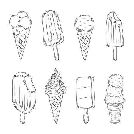 Vintage ice cream. Sketch icecream objects, hand drawn ice creams pie and stick, vanilla cone and sundae bowl desserts, vector illustrationのイラスト素材