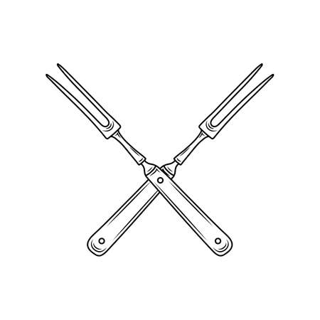 Prick pitchfork or meat fork kitchen utensil, hand drawn sketch style vector illustration isolated on white background. Barbecue and grill fork for meat steak.のイラスト素材