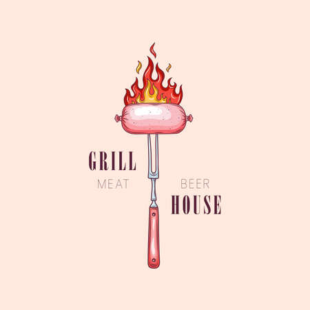 Logo of Grill House restaurant with grill fork, text Grill House, Restaurant. Graphic template for meat business - restaurant, bar, cafe, food court, design - menu, poster, label. Vector Illustrationのイラスト素材