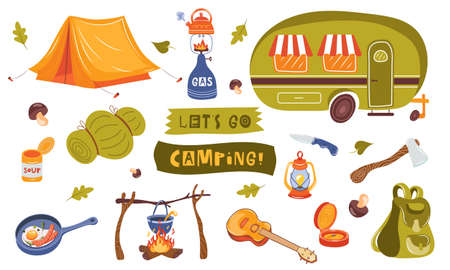 Tourists equipment and travel accessories vector set. Forest camping and hiking flat elements. Equipment for hiking outdoor adventure, camp and backpack illustrationのイラスト素材